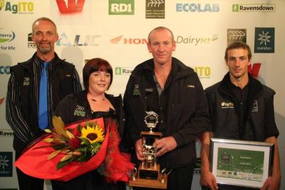 Left to right: Farm Manager of the Year Bart Gysbertsen (wife Tikeke was absent) of Carterton, Sharemilker/Equity Partner of the Year  Shaun and Kate Mitchell of Pahiatua and Trainee of the Year Ken Ahradsen of Carterton.